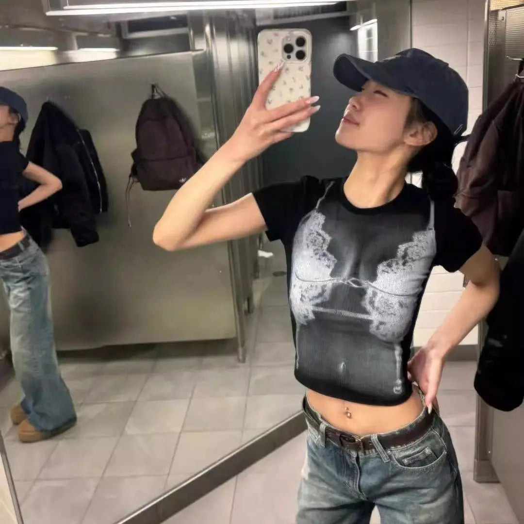 Crop Tops Sexy Print Tshirts for Women 2024 Ropa Mujer Short Sleeve O-neck Tunic Tees Fashion Korean Summer Black Y2k T Shirts