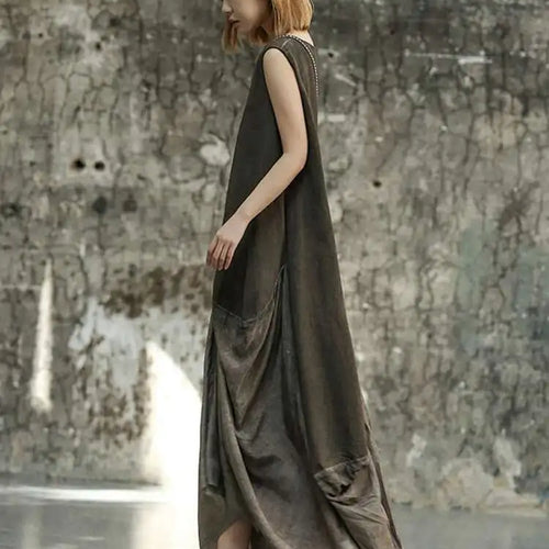 Load image into Gallery viewer, Women Orange Pleated Vintage Casual Dress New Round Neck Sleeveless Loose Fit Fashion Tide Spring Summer 2025 1DF6825
