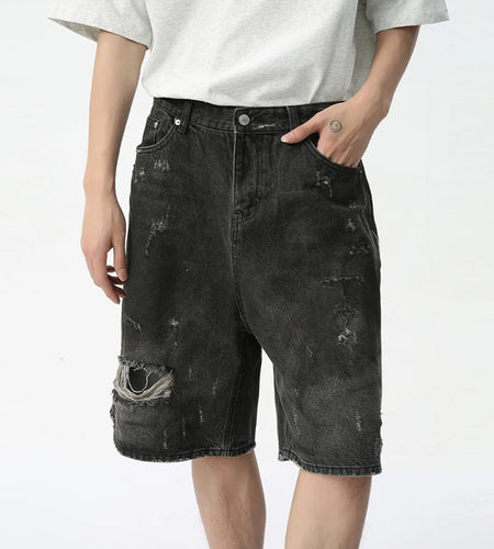 High Street Hole Distressed Denim Shorts Men Hip-hop Style Loose Knee-length Jeans Summer Trendy Men's Wear 9C6176