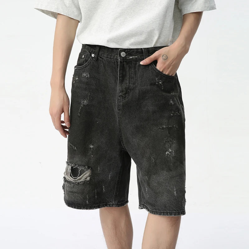 High Street Hole Distressed Denim Shorts Men Hip-hop Style Loose Knee-length Jeans Summer Trendy Men's Wear 9C6176