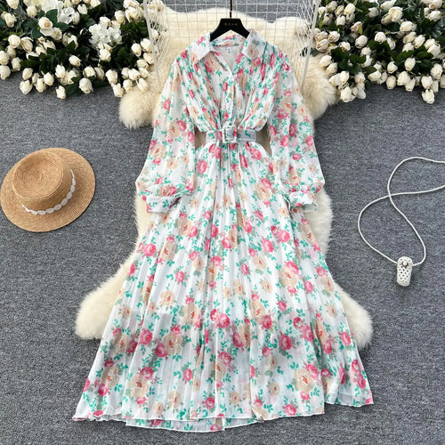 Load image into Gallery viewer, French Retro Romantic Women's Flower Lantern Long Sleeved Pleated Shirt Dress Autumn Print Birthday Party Evening Dress Bohemian
