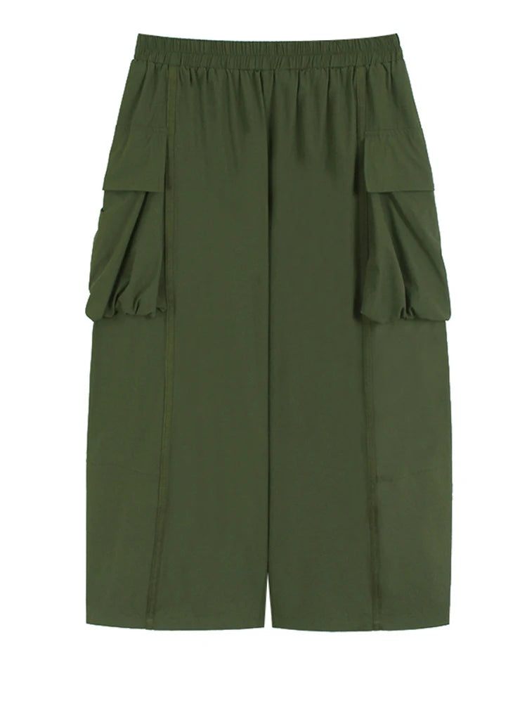 High Elastic Waist Green Pockets Spliced Long Wide Leg Pants New Trousers Women Fashion Tide Spring Autumn 2025 1DJ1321