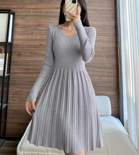 Black Elegant Knitted Pleated Mini Dress Women Gray Slim O-neck Long Sleeve Party A-line Dress 2023 Autumn Lady Streetwear Robe