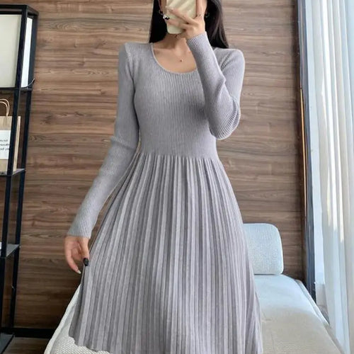 Load image into Gallery viewer, Black Elegant Knitted Pleated Mini Dress Women Gray Slim O-neck Long Sleeve Party A-line Dress 2023 Autumn Lady Streetwear Robe
