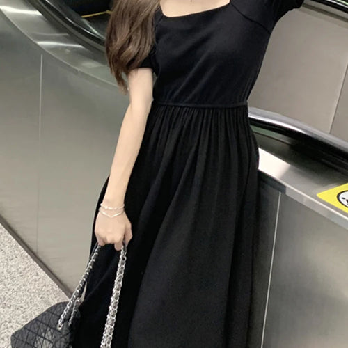 Load image into Gallery viewer, French Style Black Elegant Slim Women Dress Puff Sleeve Square Neck Split Fashion Female Dresses Summer Solid Color Dress
