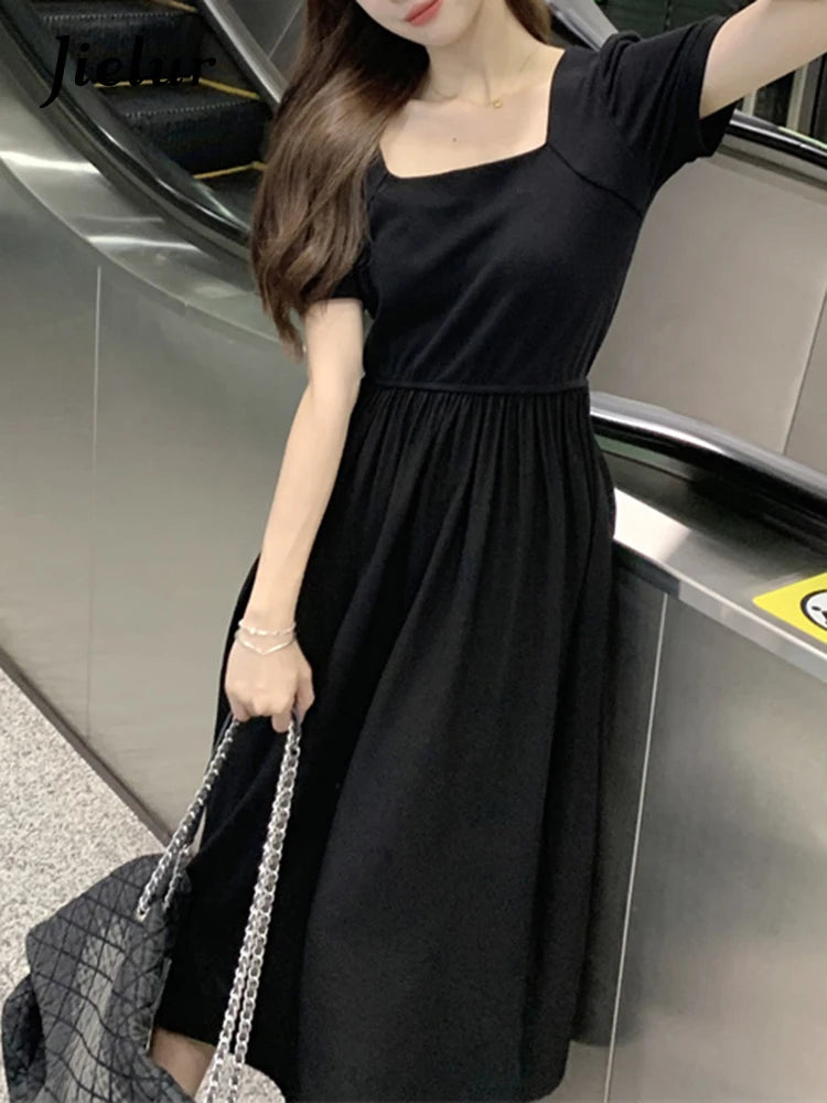 French Style Black Elegant Slim Women Dress Puff Sleeve Square Neck Split Fashion Female Dresses Summer Solid Color Dress