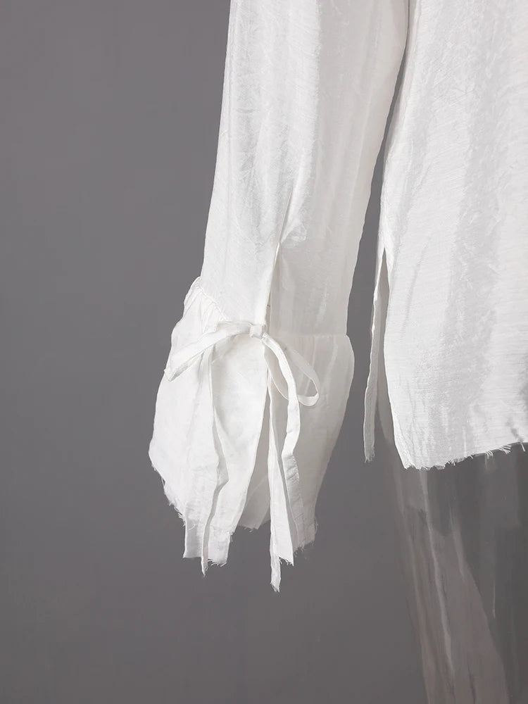 Women White Burr Hem Bandage Thin Elegant Blouse New Lapel Long Sleeve Shirt Fashion Tide Spring Autumn 2025 1DD6706