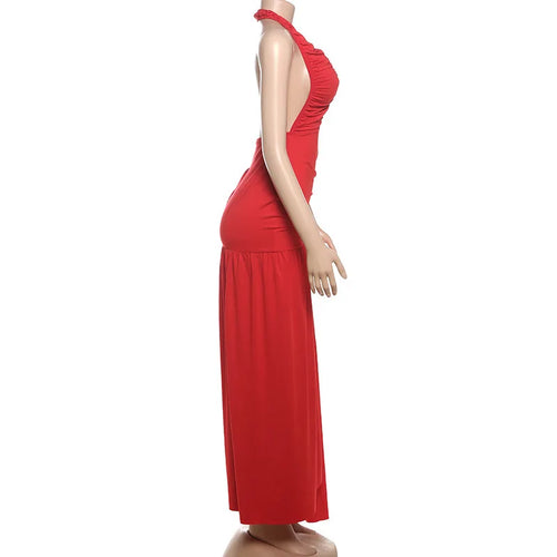 Load image into Gallery viewer, Halter Deep V Neck Sexy Maxi Dress For Women Gown Fashion Solid Sleeveless Backless Draped Ruched Bodycon Long Dress
