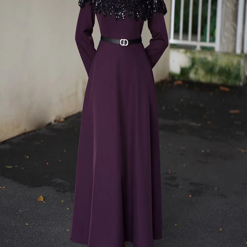 Load image into Gallery viewer, Hit Color Spliced Sequins Elegant Dresses for Women Round Neck Long Sleeves Patchwork Belt Dress Female Clothes New
