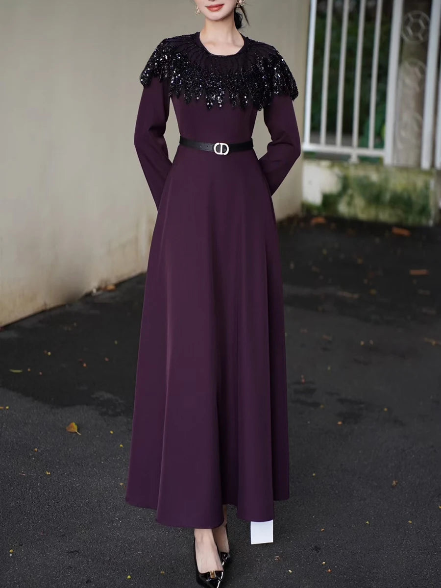 Hit Color Spliced Sequins Elegant Dresses for Women Round Neck Long Sleeves Patchwork Belt Dress Female Clothes New