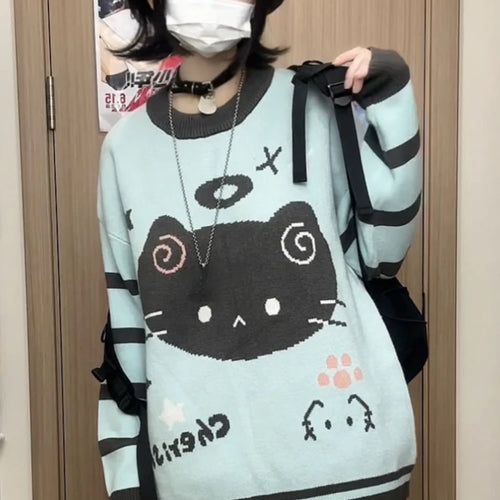 Load image into Gallery viewer, Japanese Contrast Color Striped Cartoon Cat Sweater Women Y2k Harajuku Casual Cute Kawaii Jumper Aesthetic Sweet Loose Pullovers
