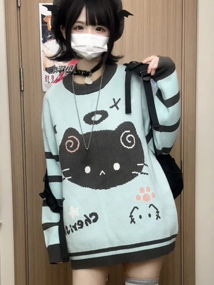 Japanese Contrast Color Striped Cartoon Cat Sweater Women Y2k Harajuku Casual Cute Kawaii Jumper Aesthetic Sweet Loose Pullovers