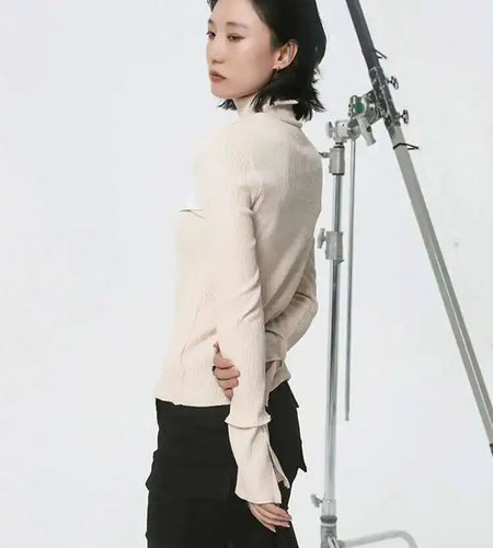 Women Beige Color-block Irregular Slim T-shirt New Turtleneck Long Sleeve Fashion Tide Spring Autumn 2025  1DH2079