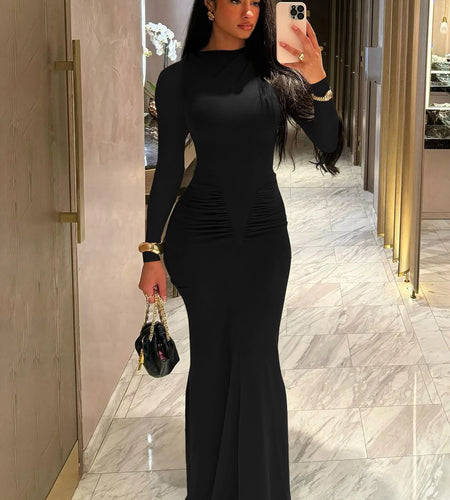 Women Elegant Solid Long Sleeve Ruched Sexy Bodycon Maxi Prom Dress Spring New Y2K Outfits Birthday Party Vacation