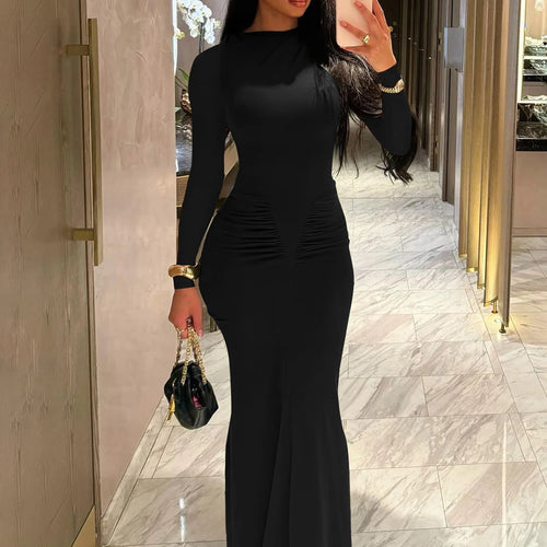 Load image into Gallery viewer, Women Elegant Solid Long Sleeve Ruched Sexy Bodycon Maxi Prom Dress Spring New Y2K Outfits Birthday Party Vacation
