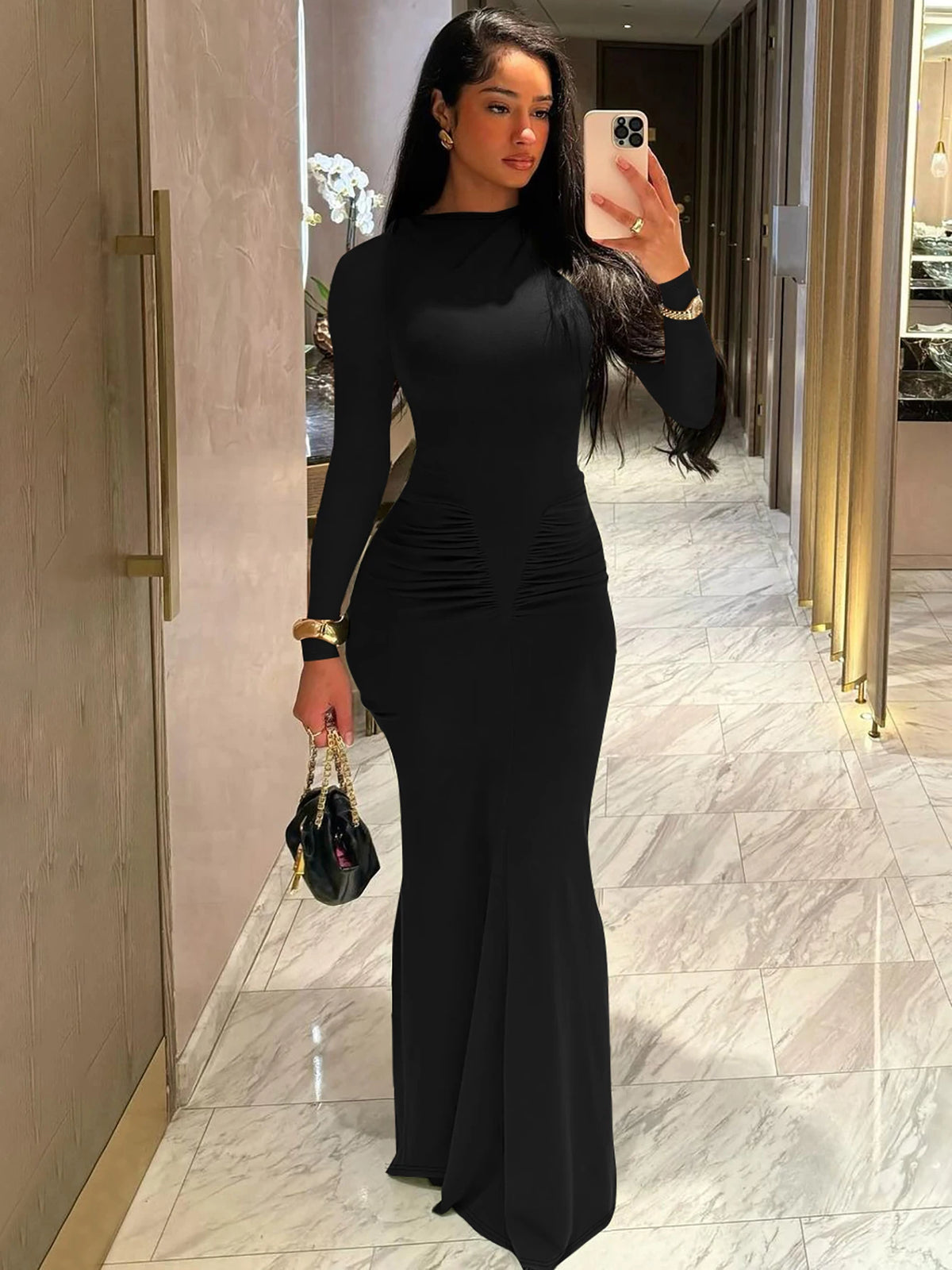 Women Elegant Solid Long Sleeve Ruched Sexy Bodycon Maxi Prom Dress Spring New Y2K Outfits Birthday Party Vacation