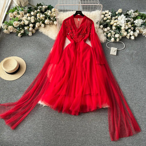 Load image into Gallery viewer, Autumn Red Elegant V-neck Sleeveless Embroidery Tassel Mesh Prom Long Dress Women Vacation Water Sleeve Evening Dresses Vintage
