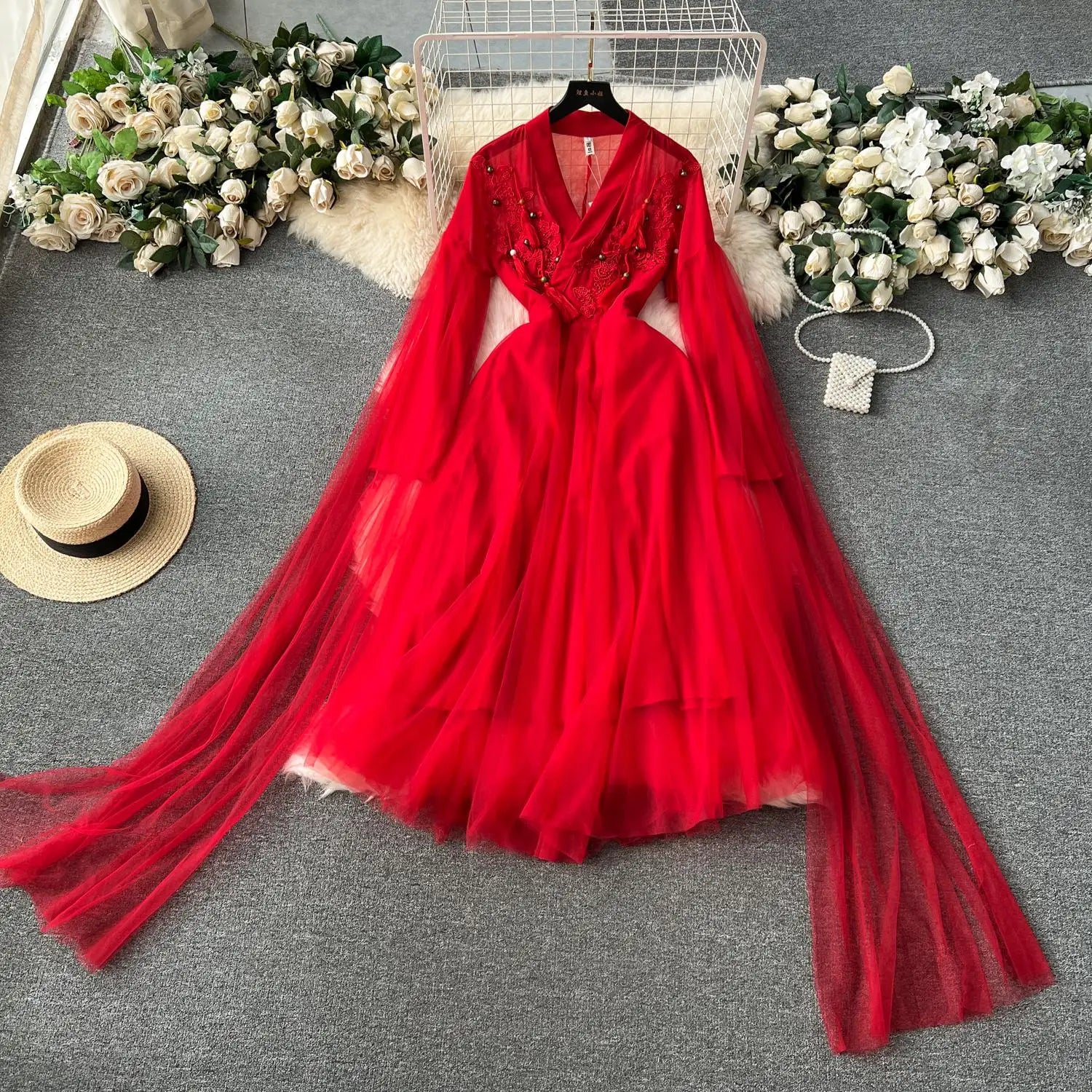 Autumn Red Elegant V-neck Sleeveless Embroidery Tassel Mesh Prom Long Dress Women Vacation Water Sleeve Evening Dresses Vintage