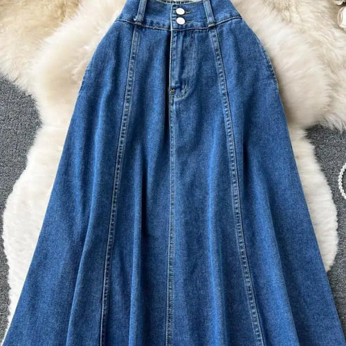 Load image into Gallery viewer, Summer Women Retro High Waist Blue Denim Skirts A Line Casual High Elastic Waist Streetwear Midi Pleated Button Jeans Skirt Chic
