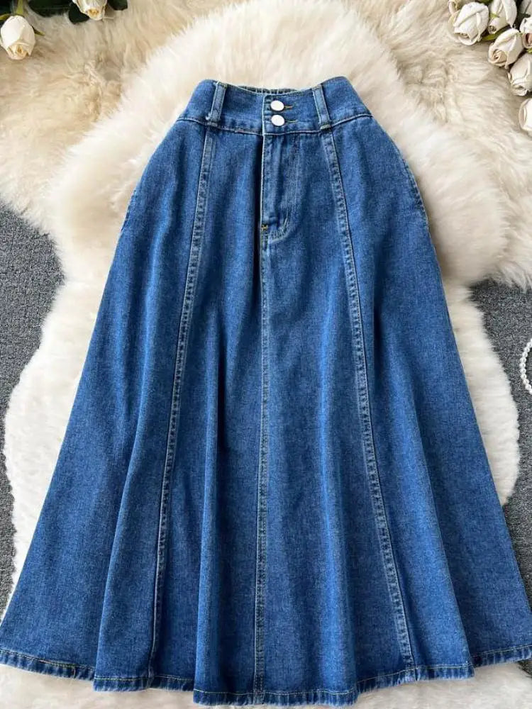 Summer Women Retro High Waist Blue Denim Skirts A Line Casual High Elastic Waist Streetwear Midi Pleated Button Jeans Skirt Chic
