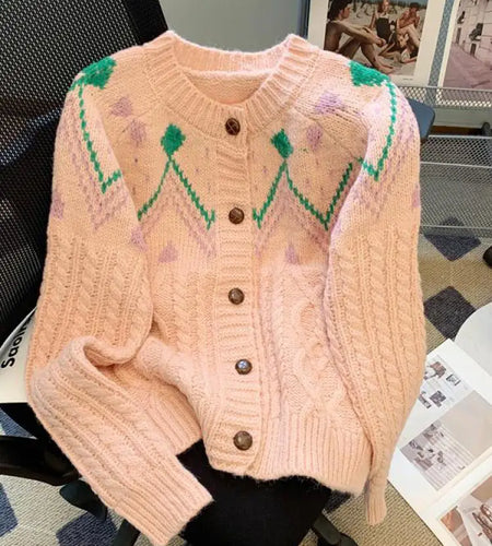 Autumn Winter Vintage White Patchwork Cardigan Sweater Women Korean Pink Single-breasted Long Sleeved Elegant Knitted Tops Thick