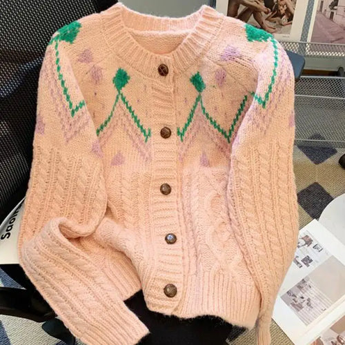 Load image into Gallery viewer, Autumn Winter Vintage White Patchwork Cardigan Sweater Women Korean Pink Single-breasted Long Sleeved Elegant Knitted Tops Thick
