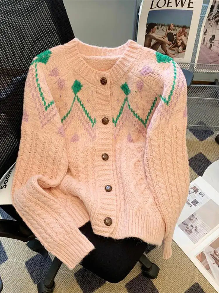 Autumn Winter Vintage White Patchwork Cardigan Sweater Women Korean Pink Single-breasted Long Sleeved Elegant Knitted Tops Thick