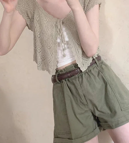 Lolita V-Neck Short Women Thin Cardigan  Sleeve Crop Top Hollow Korean Style Sun Protection Tops Summer Blusas