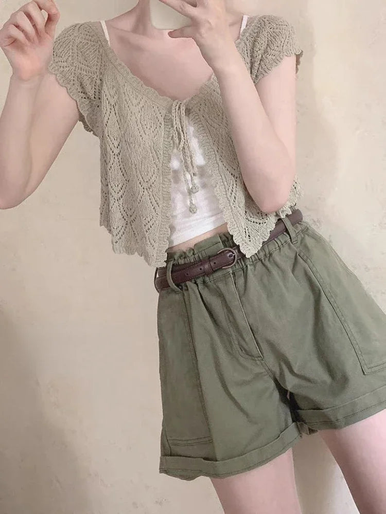 Lolita V-Neck Short Women Thin Cardigan  Sleeve Crop Top Hollow Korean Style Sun Protection Tops Summer Blusas