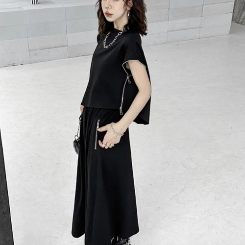 Load image into Gallery viewer, Black Zipper T-shirt Half-body Skirt Two Pieces Suit New Round Neck Short Sleeve Women Fashion Spring Summer 2025 1DJ0167
