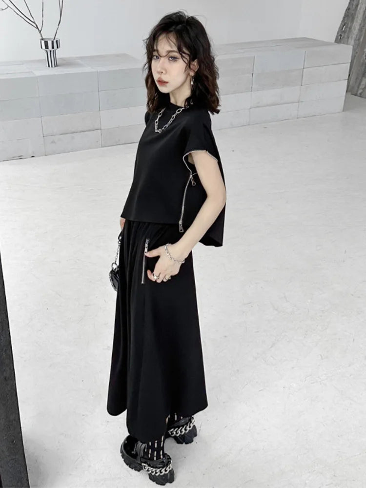 Black Zipper T-shirt Half-body Skirt Two Pieces Suit New Round Neck Short Sleeve Women Fashion Spring Summer 2025 1DJ0167