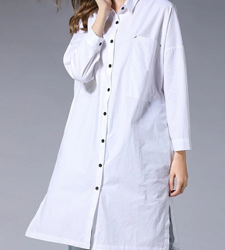Women White Pocket Slit Spliced Big Size Long Blouse New Lapel Long Sleeve Shirt Fashion Tide Spring Autumn 2025 1DJ1506