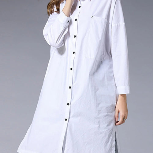 Load image into Gallery viewer, Women White Pocket Slit Spliced Big Size Long Blouse New Lapel Long Sleeve Shirt Fashion Tide Spring Autumn 2025 1DJ1506

