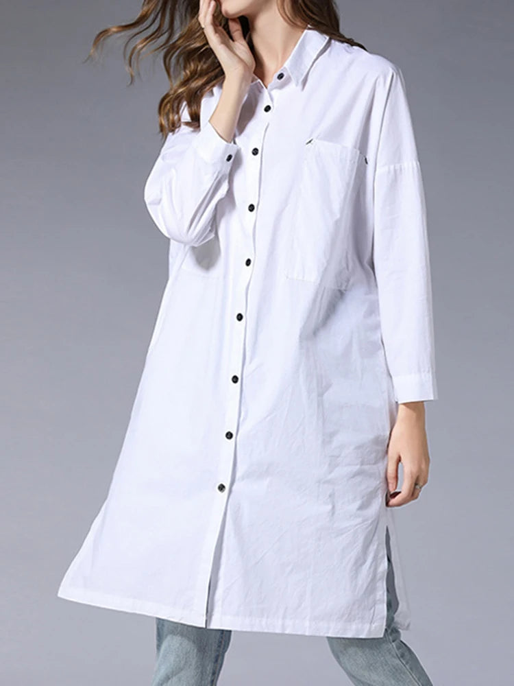 Women White Pocket Slit Spliced Big Size Long Blouse New Lapel Long Sleeve Shirt Fashion Tide Spring Autumn 2025 1DJ1506