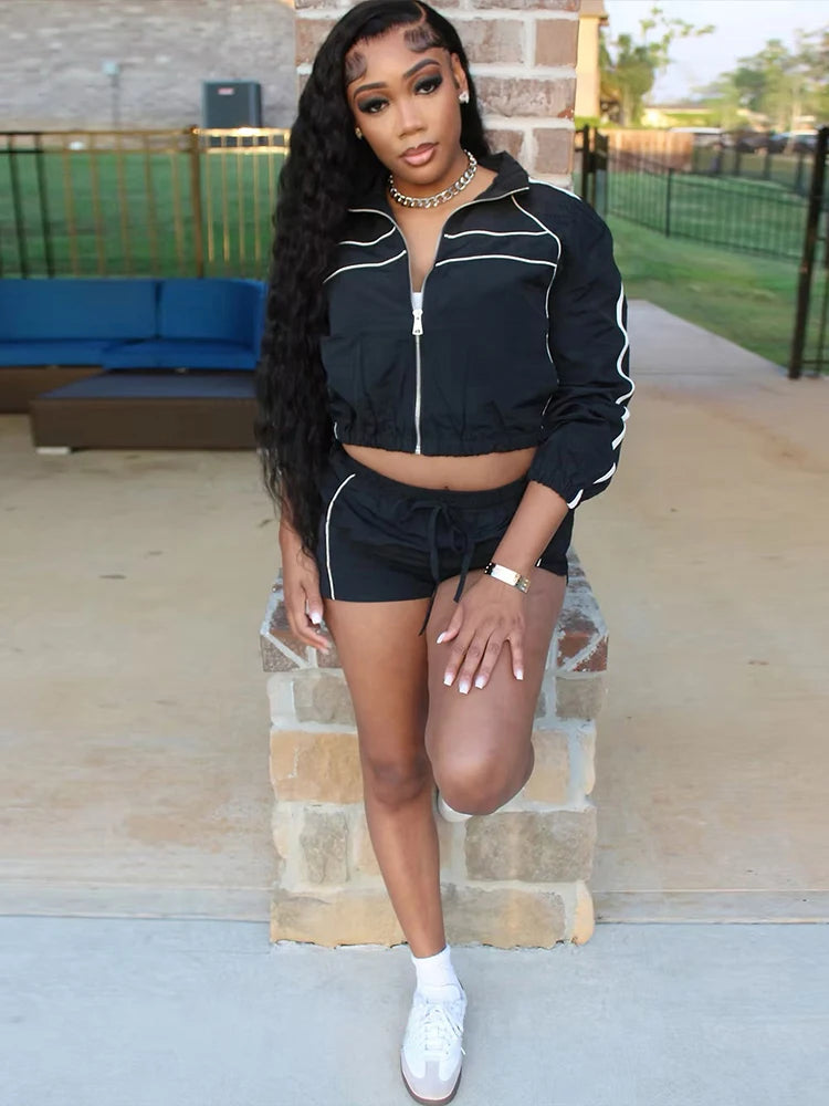 Fashion Casual Sporty 2 Piece Set Women Zipper Cardigan Polo-Neck Jacket+Drawstring Skinny Shorts Daily Slim Tracksuits