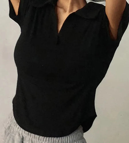 Summer Short Sleeve Lapel Top Women'S Solid V-Neck Pullovers Retro Sweet Shirts Hot Girl Crop Top Female Slim Versatile Tee