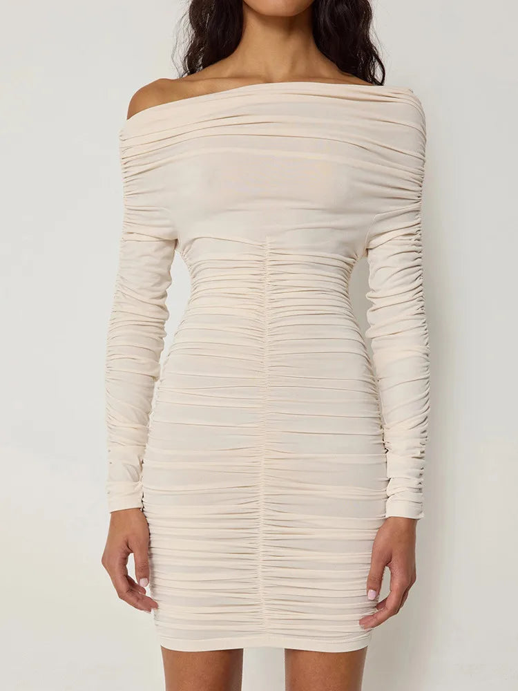 Elegant Long Sleeved Pleated Elastic Tight Dress Women 2025 New Autumn/Winter Short Skirt Sexy Slim Party Club Vestido