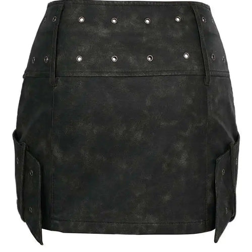 Load image into Gallery viewer, High Waist Green Big Buckle Cross Pu Leather Vintage Mini Half-body Skirt Women Fashion Tide New Spring Autumn 2025 7AB874
