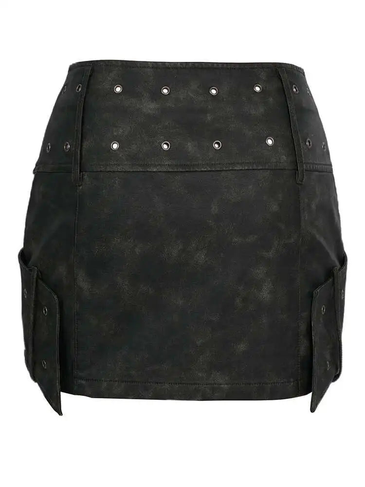 High Waist Green Big Buckle Cross Pu Leather Vintage Mini Half-body Skirt Women Fashion Tide New Spring Autumn 2025 7AB874