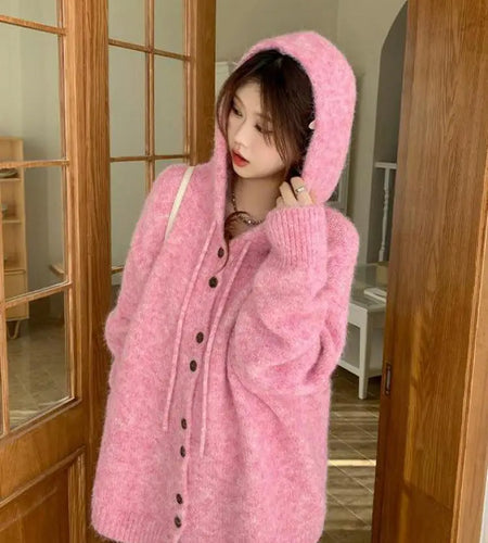 Korean Fashion Solid Elegant Single Breasted Short Hooded Sweater Women Autumn Winter Long Sleeve Vacation Cardigan Knitted Tops