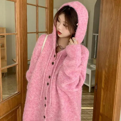 Load image into Gallery viewer, Korean Fashion Solid Elegant Single Breasted Short Hooded Sweater Women Autumn Winter Long Sleeve Vacation Cardigan Knitted Tops
