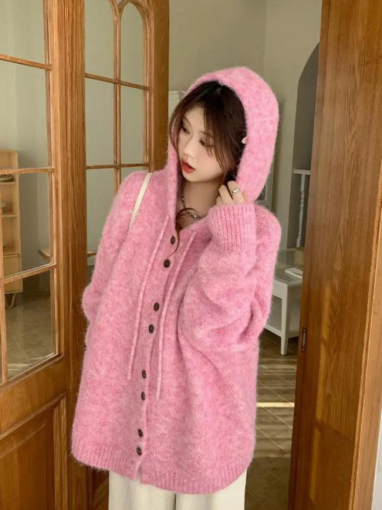 Korean Fashion Solid Elegant Single Breasted Short Hooded Sweater Women Autumn Winter Long Sleeve Vacation Cardigan Knitted Tops