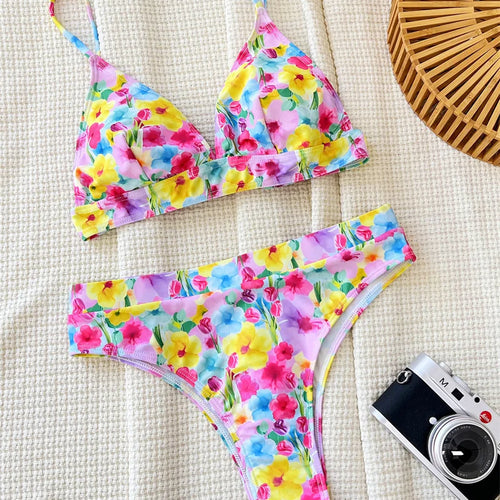 Load image into Gallery viewer, Halter V Neck Swimwear Floral Bikini Sets 2024 Sexy Women Swimsuit High Waist Biquini Flower Print Bathing Suit
