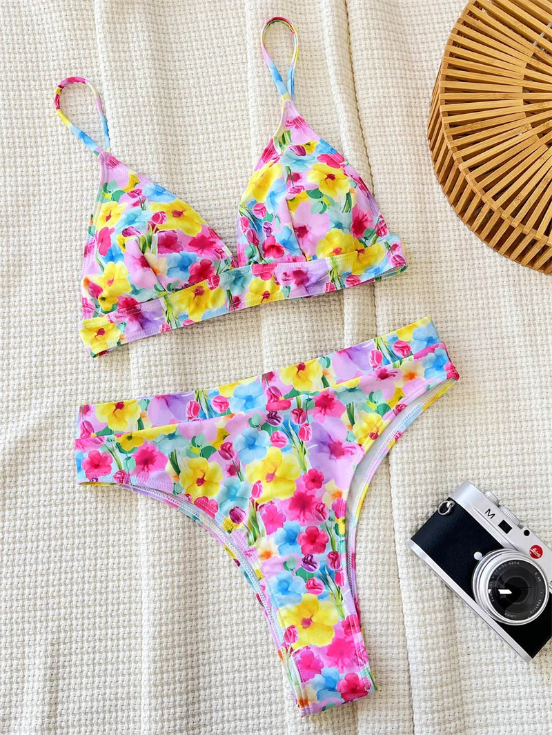 Halter V Neck Swimwear Floral Bikini Sets 2024 Sexy Women Swimsuit High Waist Biquini Flower Print Bathing Suit