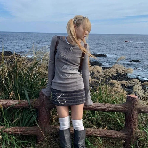 Load image into Gallery viewer, Japanese Y2k Knitted Tops Grunge Aesthetics Long Sleeve Ribbed Top Vintage Harajuku Graffiti Print T-shirt Trashy 2000s
