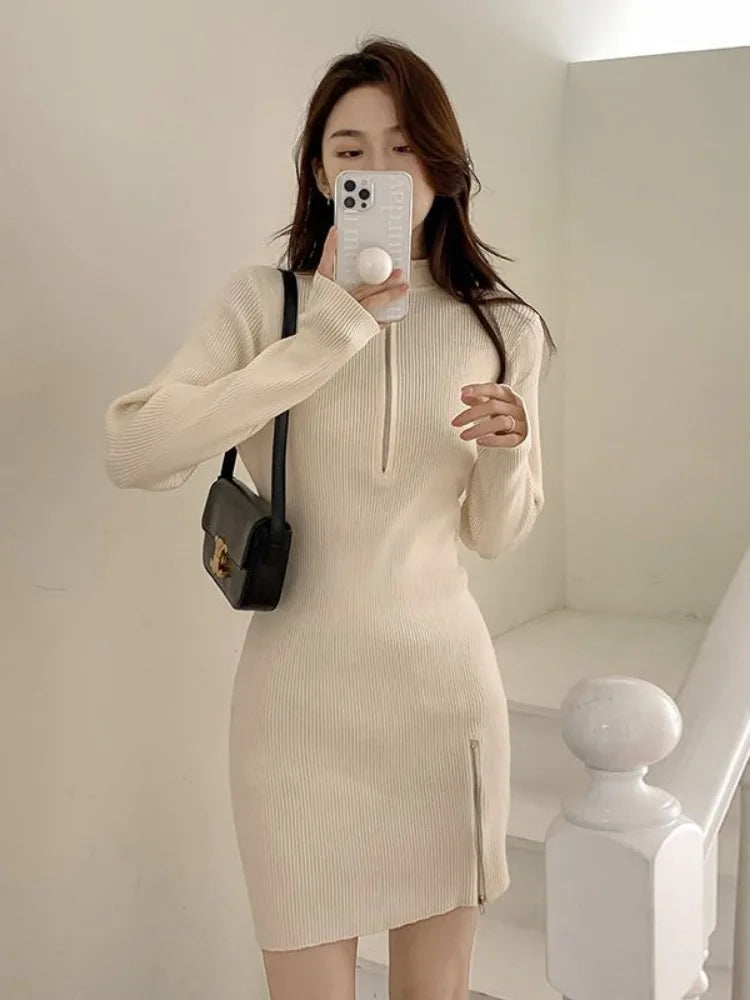 Autumn Korean Zip Knitted Sweater Sexy Bodycon Mini Split Dress Women Kpop Wrap Black Long Sleeve Short Dresses