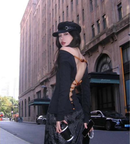 Sexy Hollow Out Grunge String Beads Shirts Femme Slim Y2k Aesthetic Solid Streetwear Cropped Tops Women Harajuku Grunge T-shirt