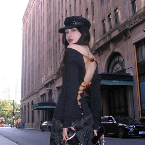 Load image into Gallery viewer, Sexy Hollow Out Grunge String Beads Shirts Femme Slim Y2k Aesthetic Solid Streetwear Cropped Tops Women Harajuku Grunge T-shirt
