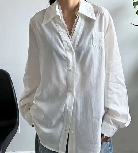Women White Lace Perspective Thin Big Size Blouse New V-neck Long Sleeve Shirt Fashion Tide Spring Autumn 2025  1DJ0733