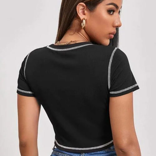 Load image into Gallery viewer, Women's Stylish Angel Letter Printed T-Shirt Short Sleeve Round Neck Contrast Stitch Slim Fit Wild Casual Crop Tops for Summer
